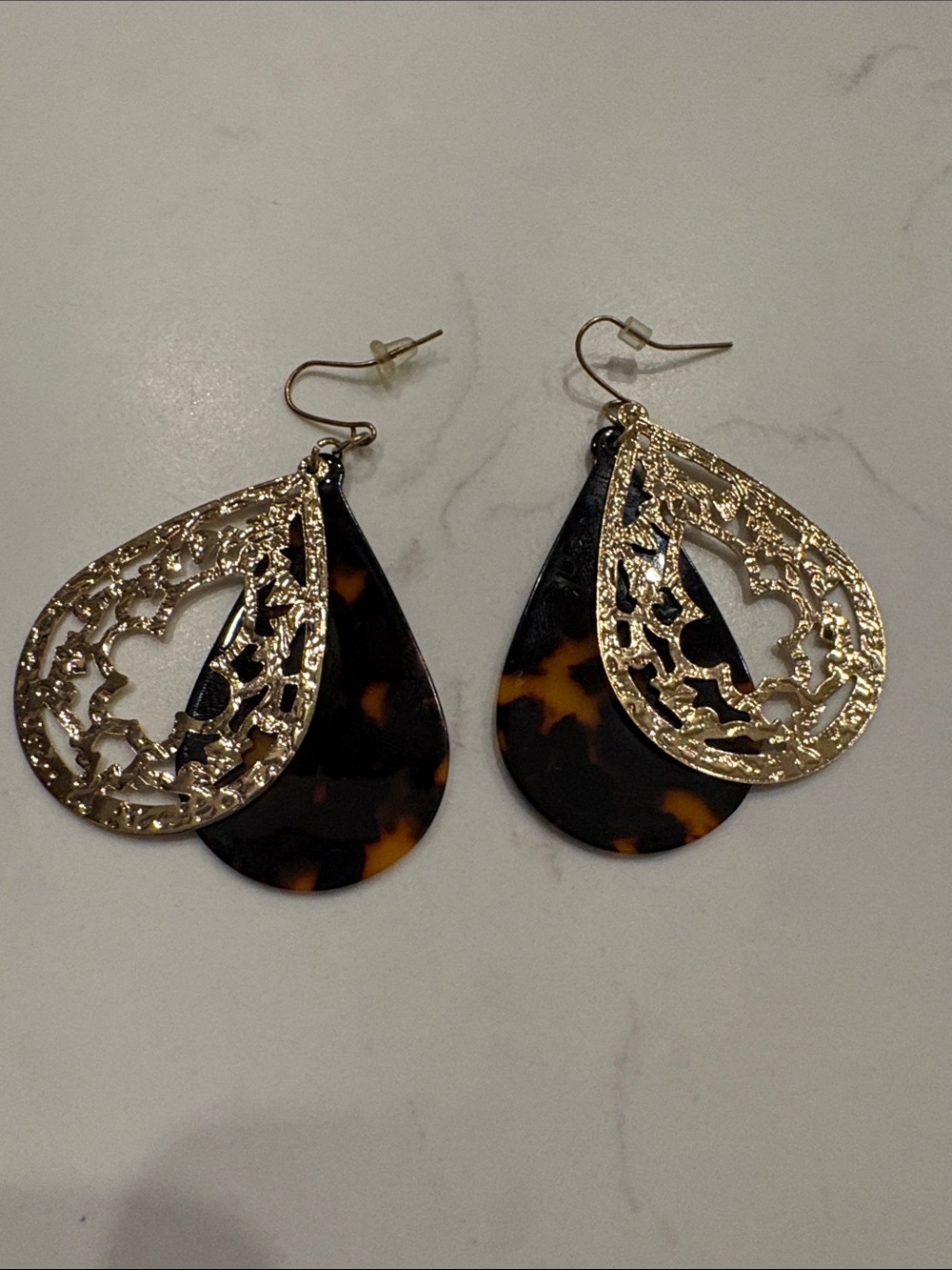 Vtg Premier Designs "Tessa" Gold Filigree & Tortoiseshell Teardrop Earrings